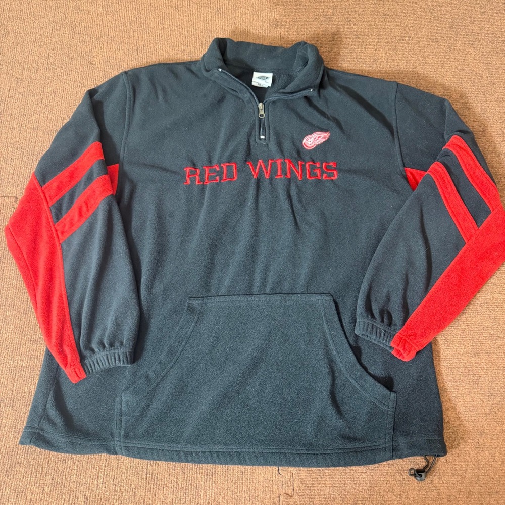 NHL Detroit Red Wings Mens Large Quarter Zip Fleece Pullover Black Red Hockey